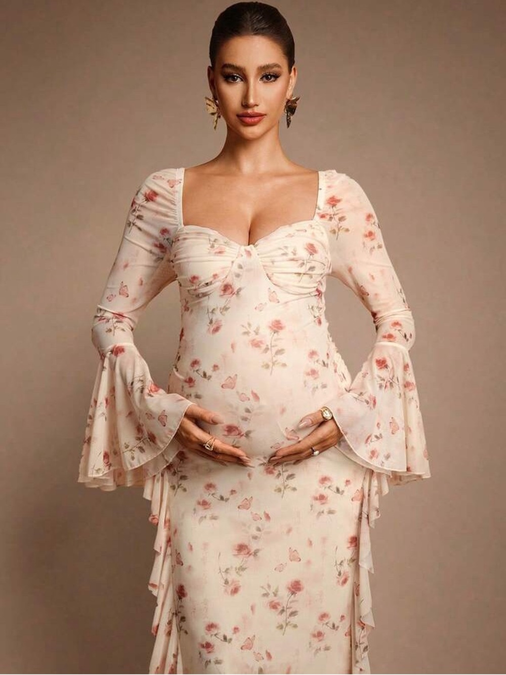 Floral Maternity Maxi Dress with Bell Sleeves - Pink Cream